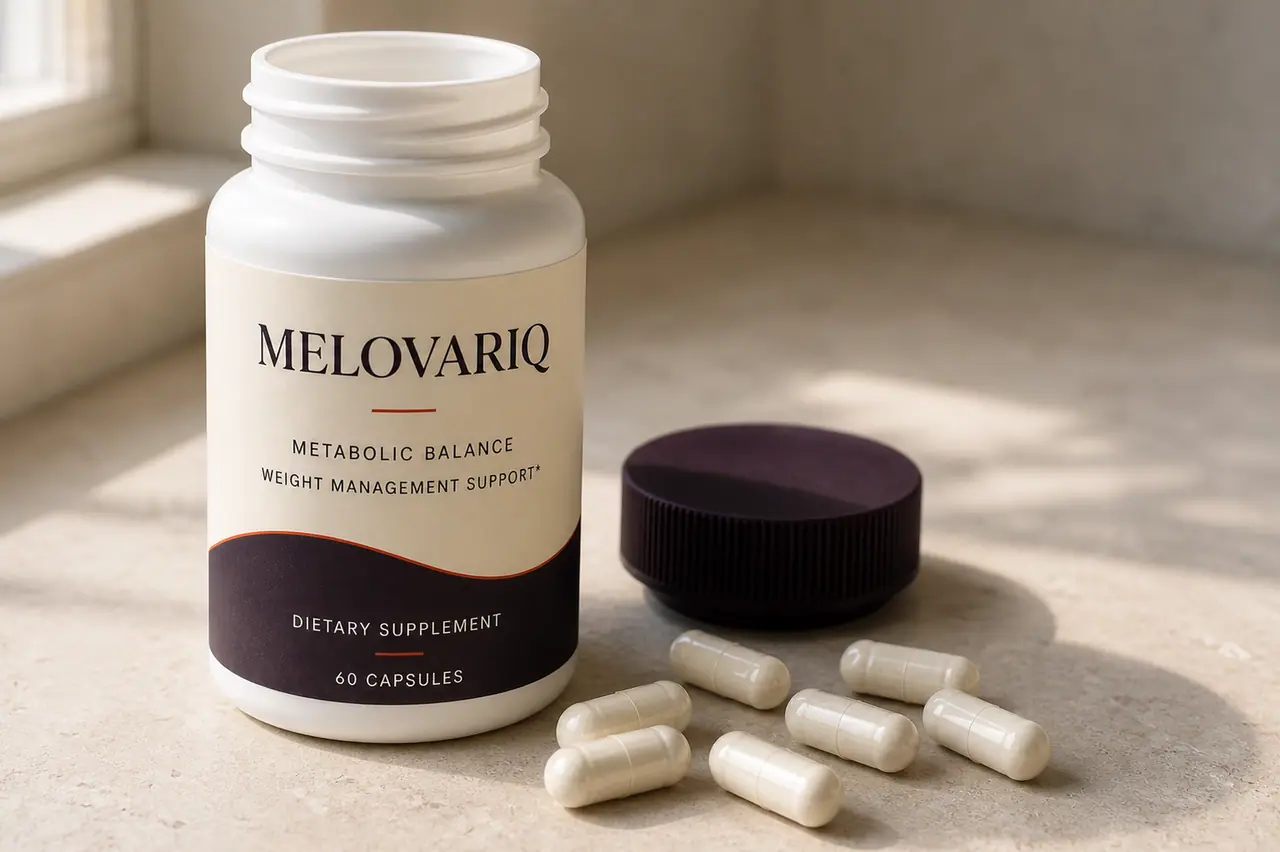 Open Melovariq bottle with capsules visible beside it